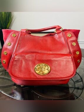 Emma Fox Red Pebbled Leather Handbag Gold Rivet Studs Floral Lining Satchel